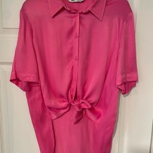 Zara Pink Silky Short Sleeved Button Down Blouse